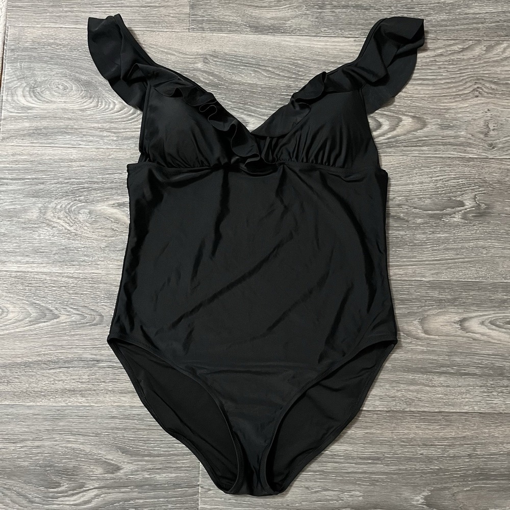 J. Crew Women's One Piece Swimsuit Sz XL Black Ruffle Shoulder V Neck Adjustable